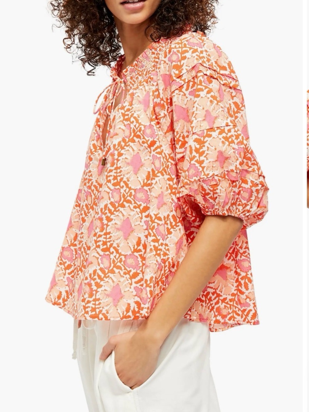 Free People Pink & Orange Floral Peasant Blouse
